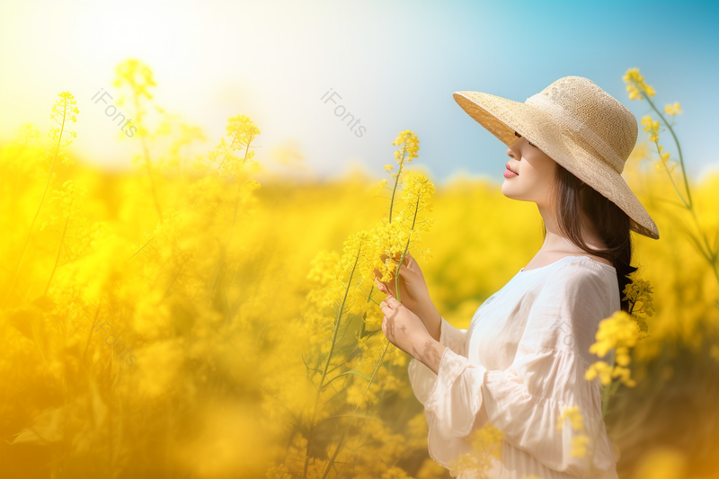 唯美油菜花春游白色连衣裙草帽女孩,高清,摄影图,摄影图片,图片大全,摄影图免费下载